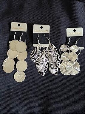 Fashion Jewelry Silver Dangle Earrings Trio - Leaf, Disc & Ring Designs
